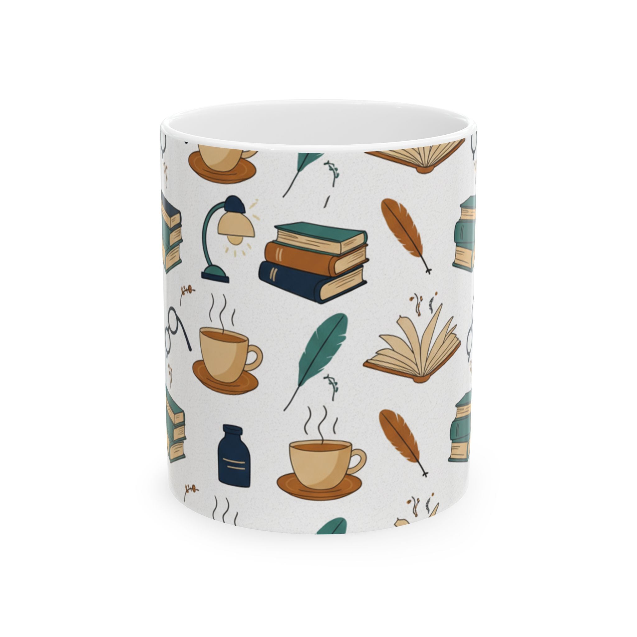 Cozy Reading  Mug | Books, Coffee, Quill Illustration Ceramic Mug