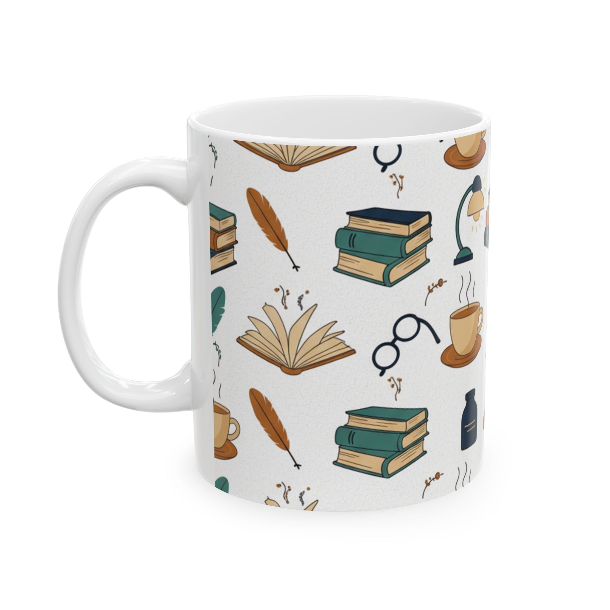 Cozy Reading  Mug | Books, Coffee, Quill Illustration Ceramic Mug