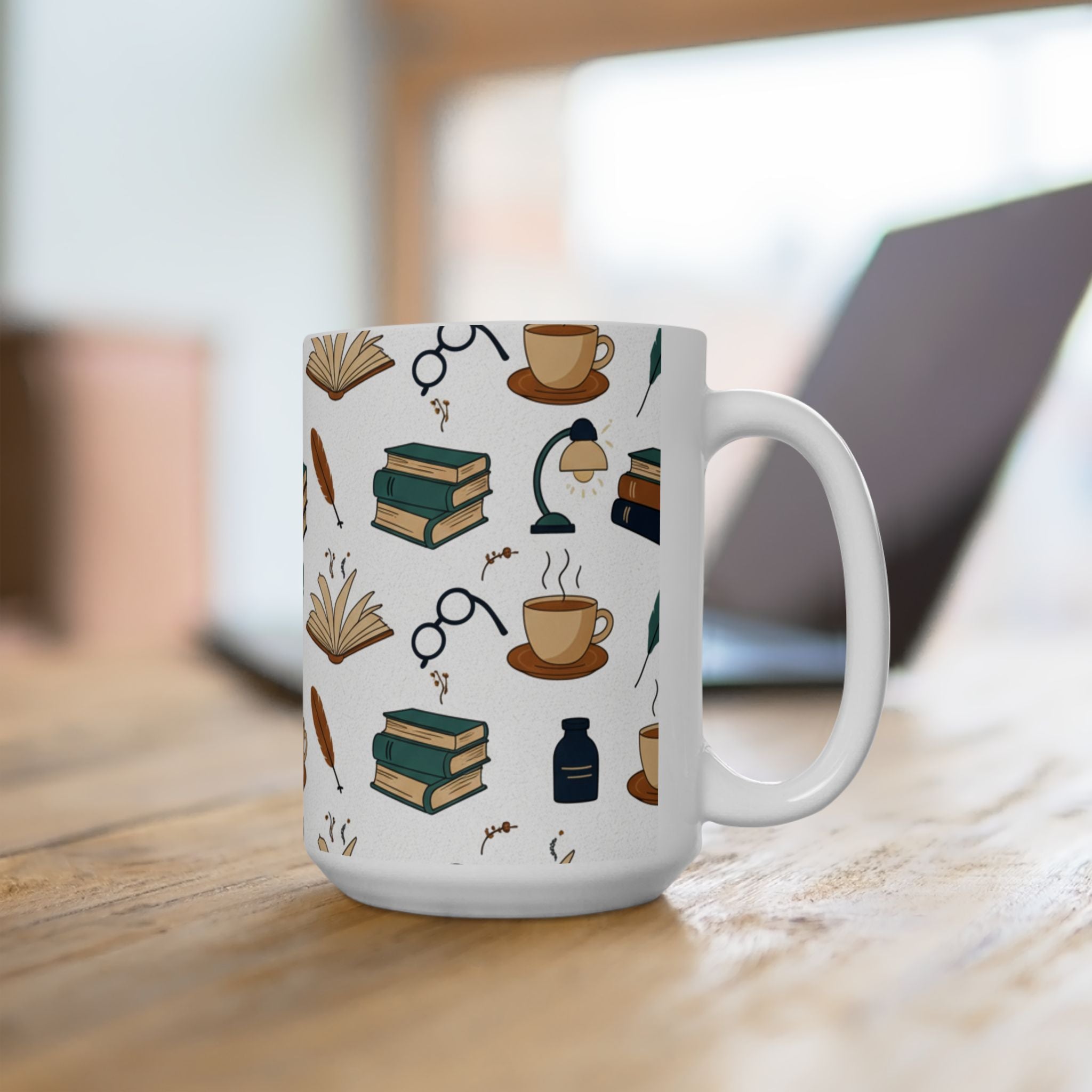 Cozy Reading  Mug | Books, Coffee, Quill Illustration Ceramic Mug