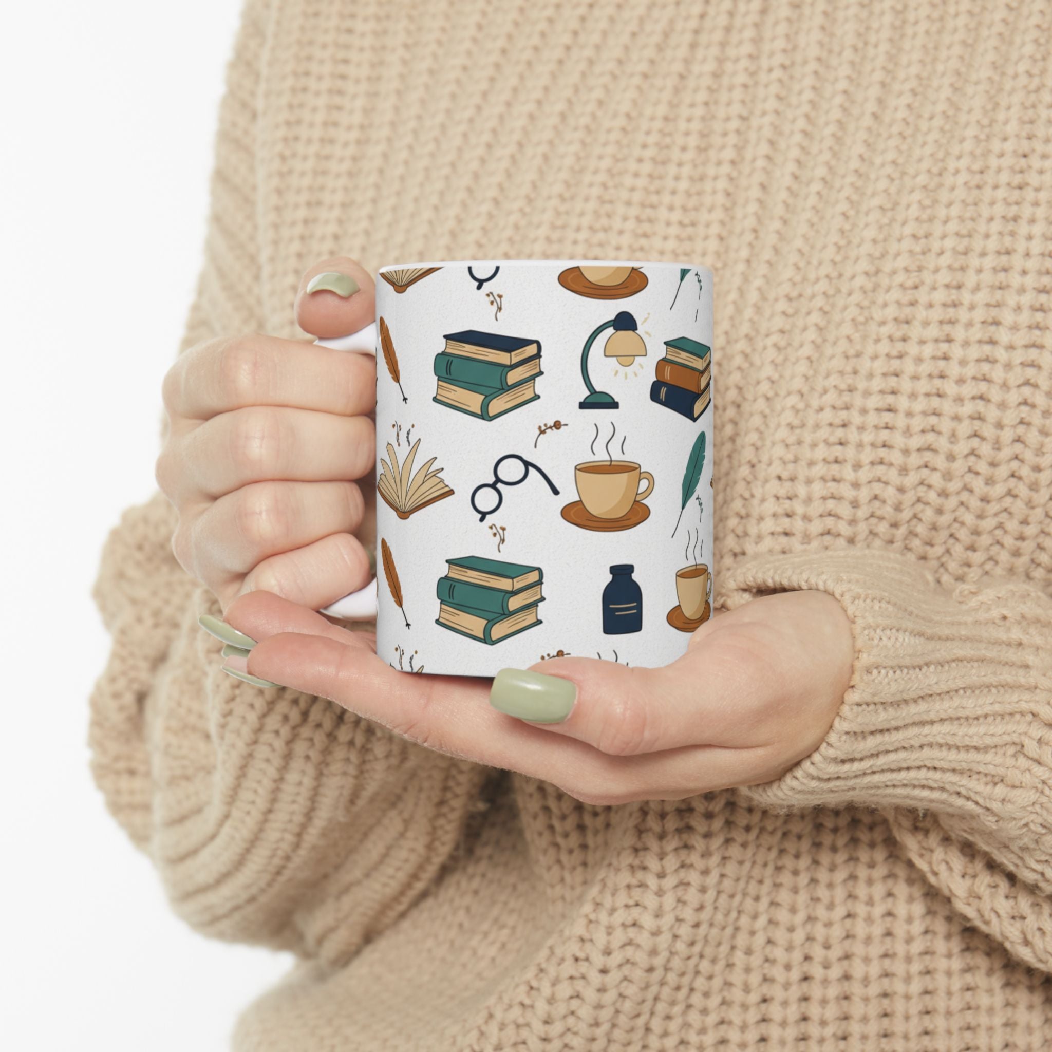 Cozy Reading  Mug | Books, Coffee, Quill Illustration Ceramic Mug
