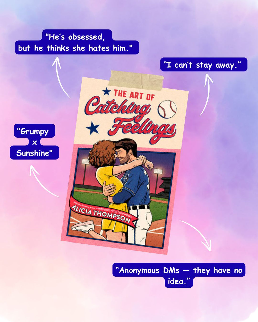 Book cover of 'The Art of Catching Feelings' with a couple hugging on a baseball field, surrounded by text quotes.