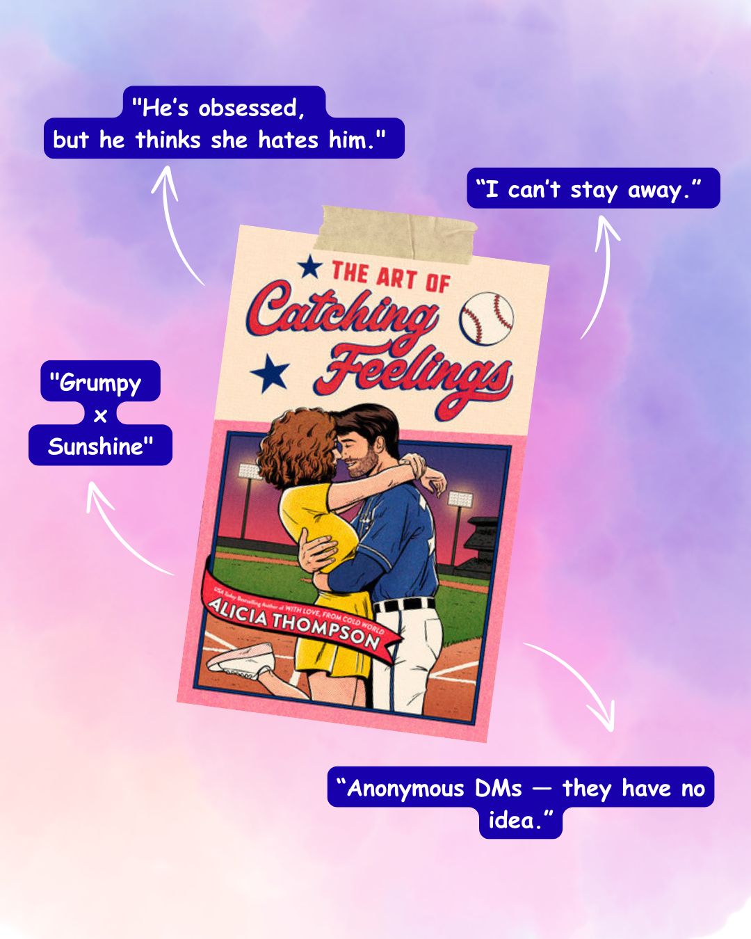 Book cover of 'The Art of Catching Feelings' with a couple hugging on a baseball field, surrounded by text quotes.